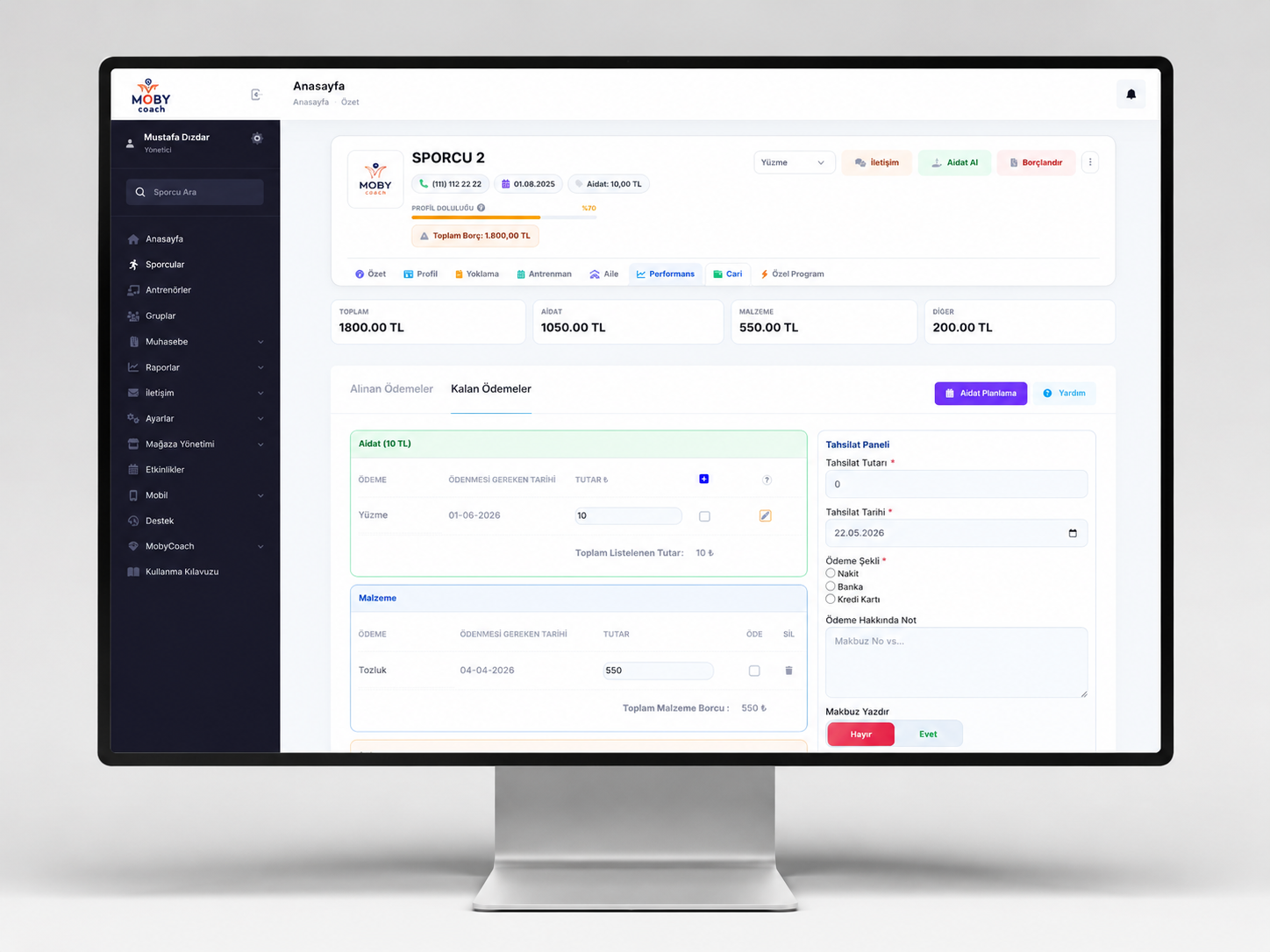 MobyCoach franchise ve çok şubeli yönetim dashboard ekranı
